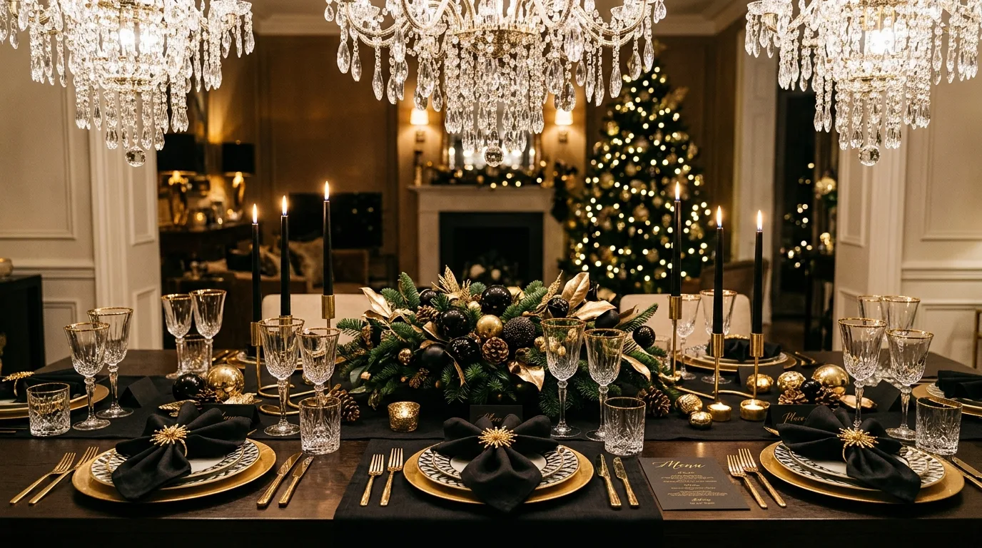Glamorous Christmas table with black-and-gold luxury styling.